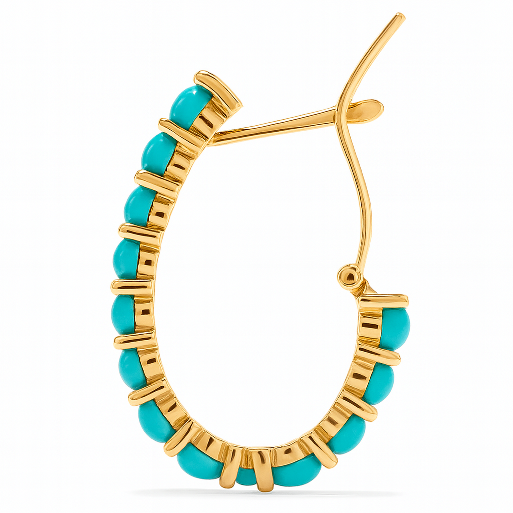 Gold hoop earring with turquoise beads on a white background