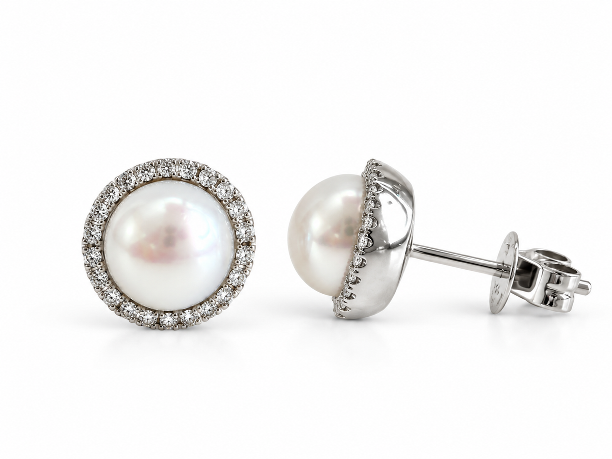 Pearl & Diamond Halo Stud Earrings