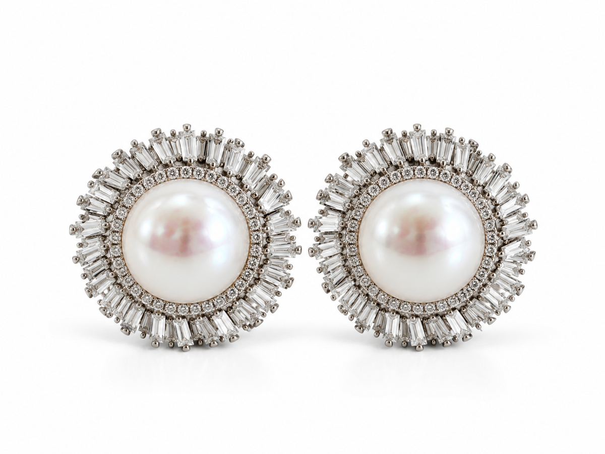 Pearl & Baguette Diamond Sunburst Earrings