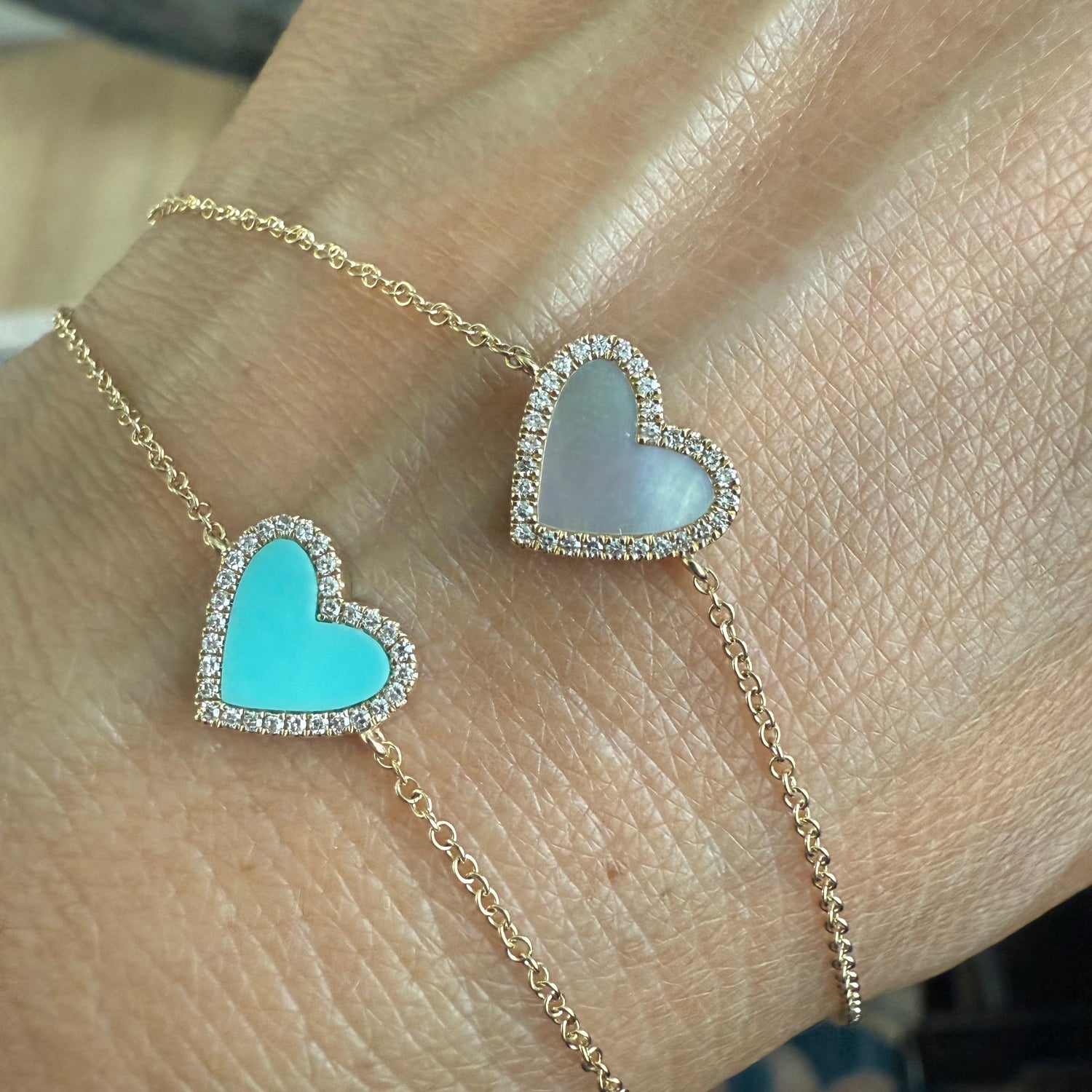 14K Gold Diamond Heart Bracelets – Mother of Pearl or Turquoise