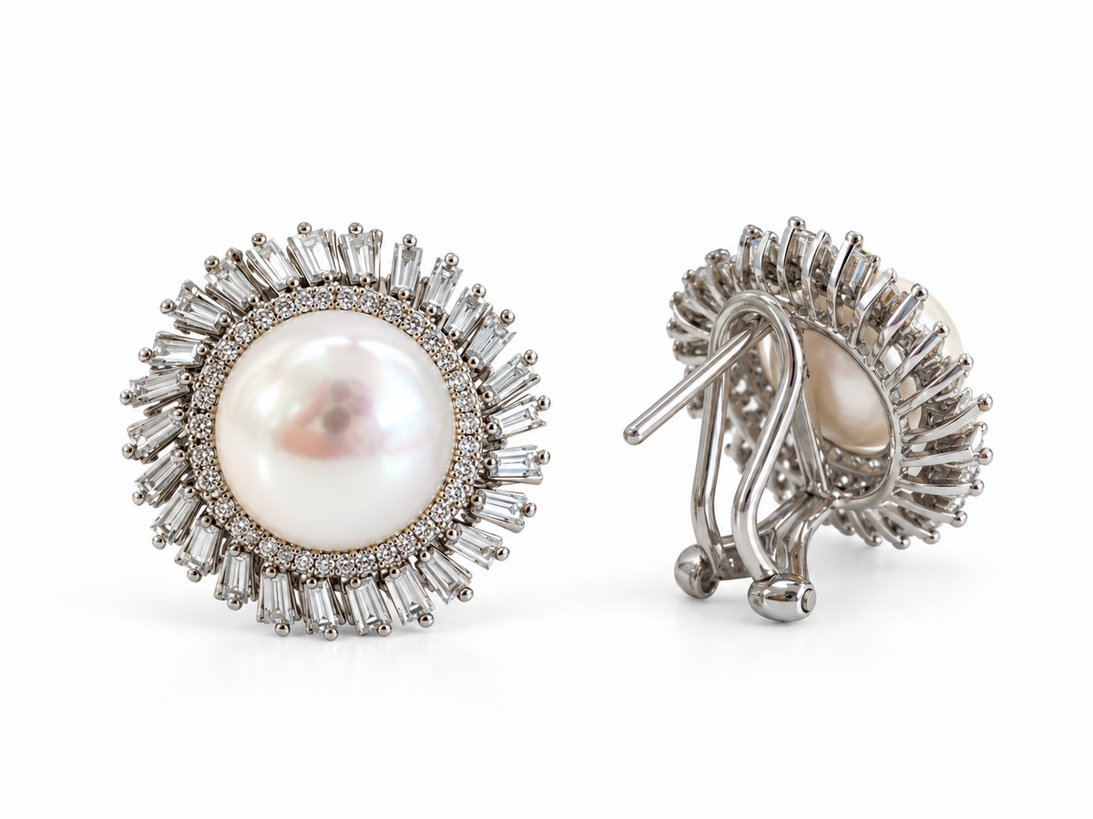 Pearl & Baguette Diamond Sunburst Earrings