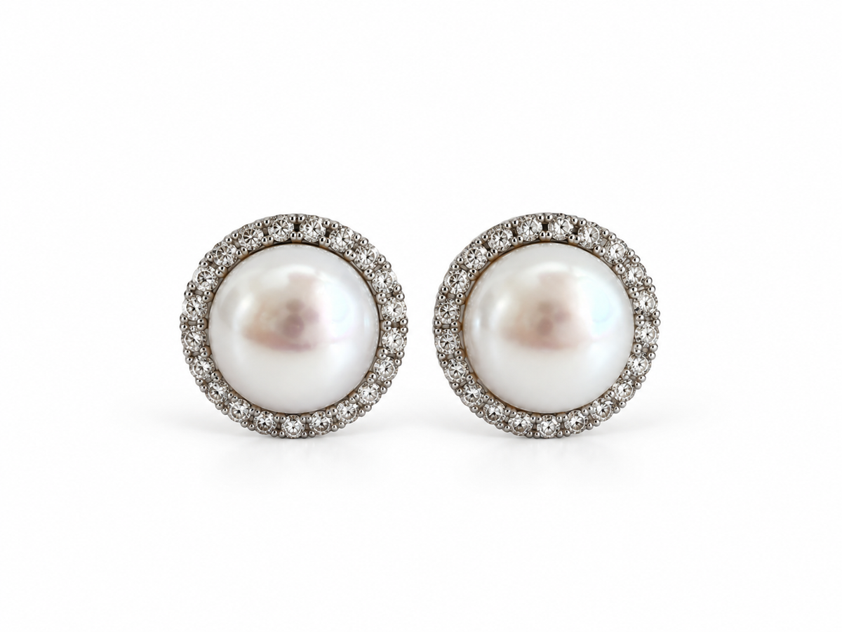 Pearl & Diamond Halo Stud Earrings