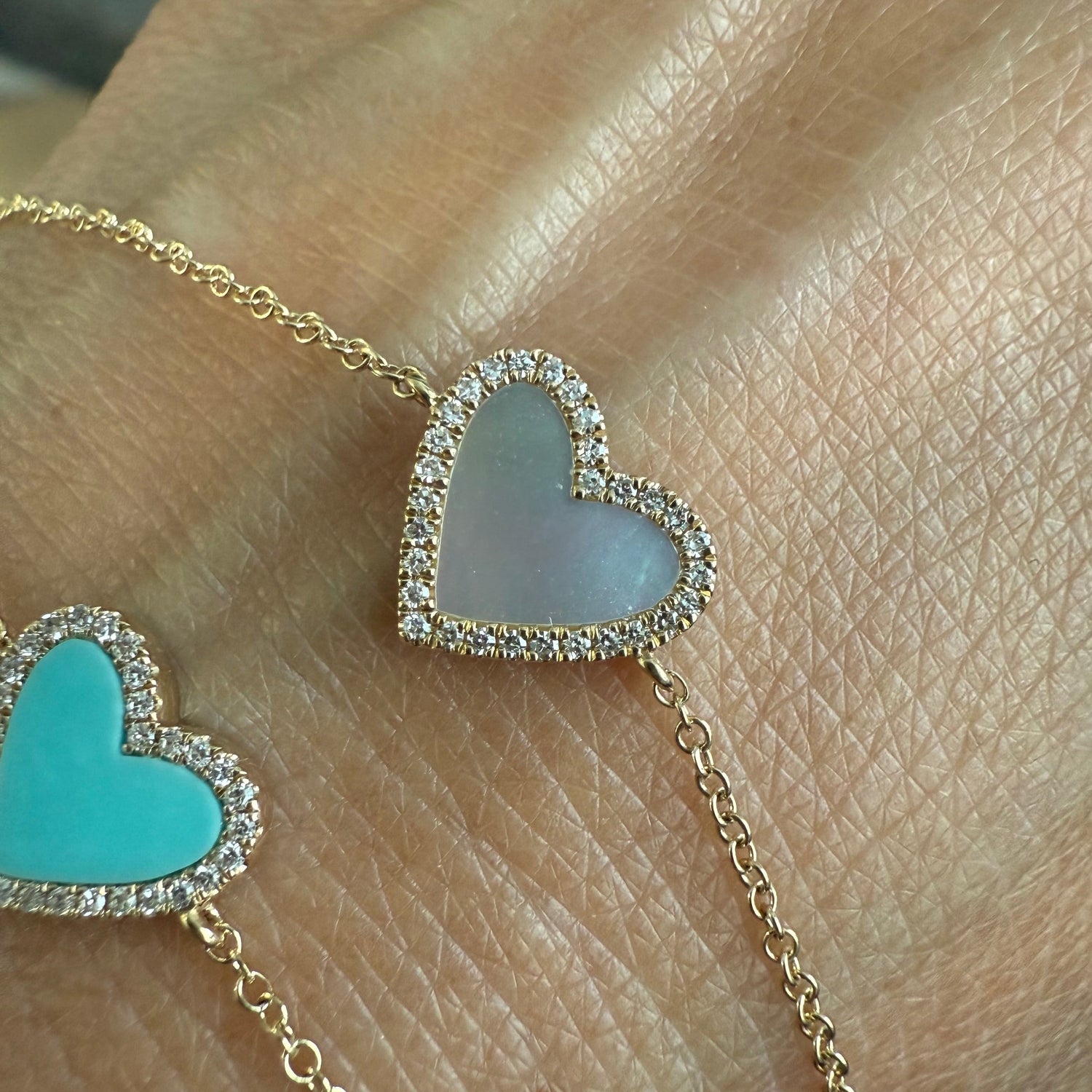 14K Gold Diamond Heart Bracelets – Mother of Pearl or Turquoise