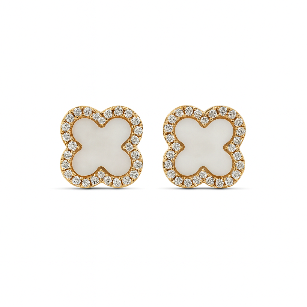 Mother of Pearl and Diamond Clover Earrings 14K