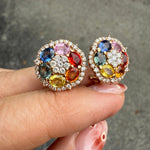 Multi-color sapphire and diamond cluster earrings in 14K rose gold, clip with post