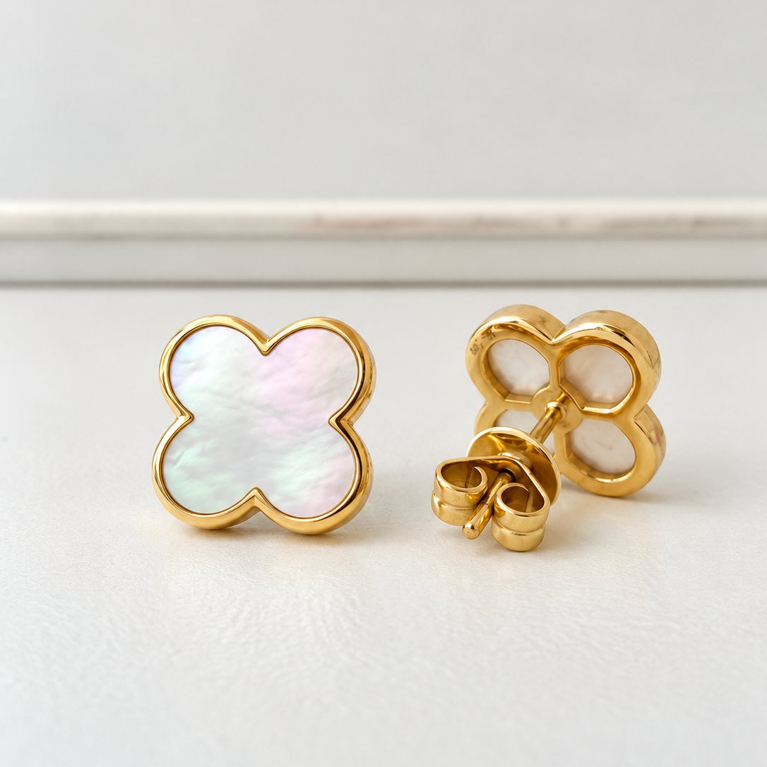 14K Yellow Gold Mother of Pearl Clover Stud Earrings