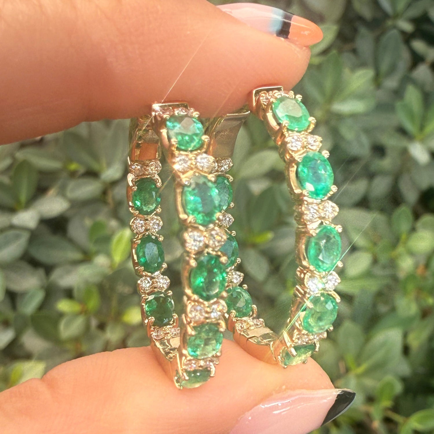 Emerald & Diamond Hoop Earrings in 14k Yellow Gold