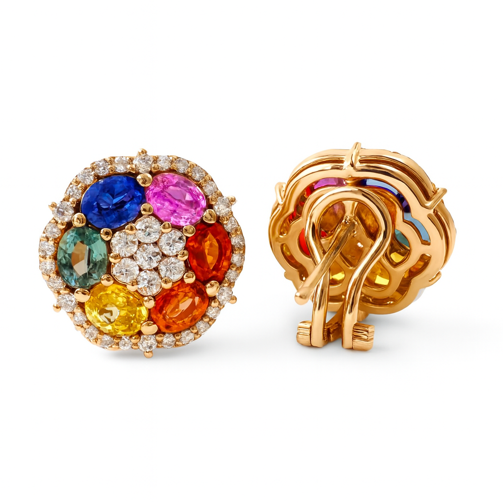 Multi-Color Sapphire & Diamond Cluster Earrings in 14K Rose Gold