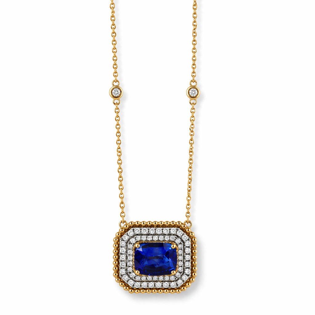 Sapphire and Diamond Double Halo Pendant 14K Gold