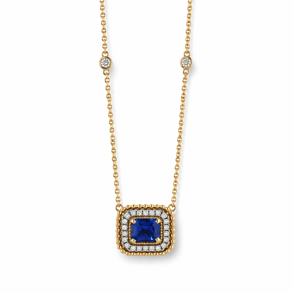 Sapphire and Diamond Halo Pendant 14K Gold