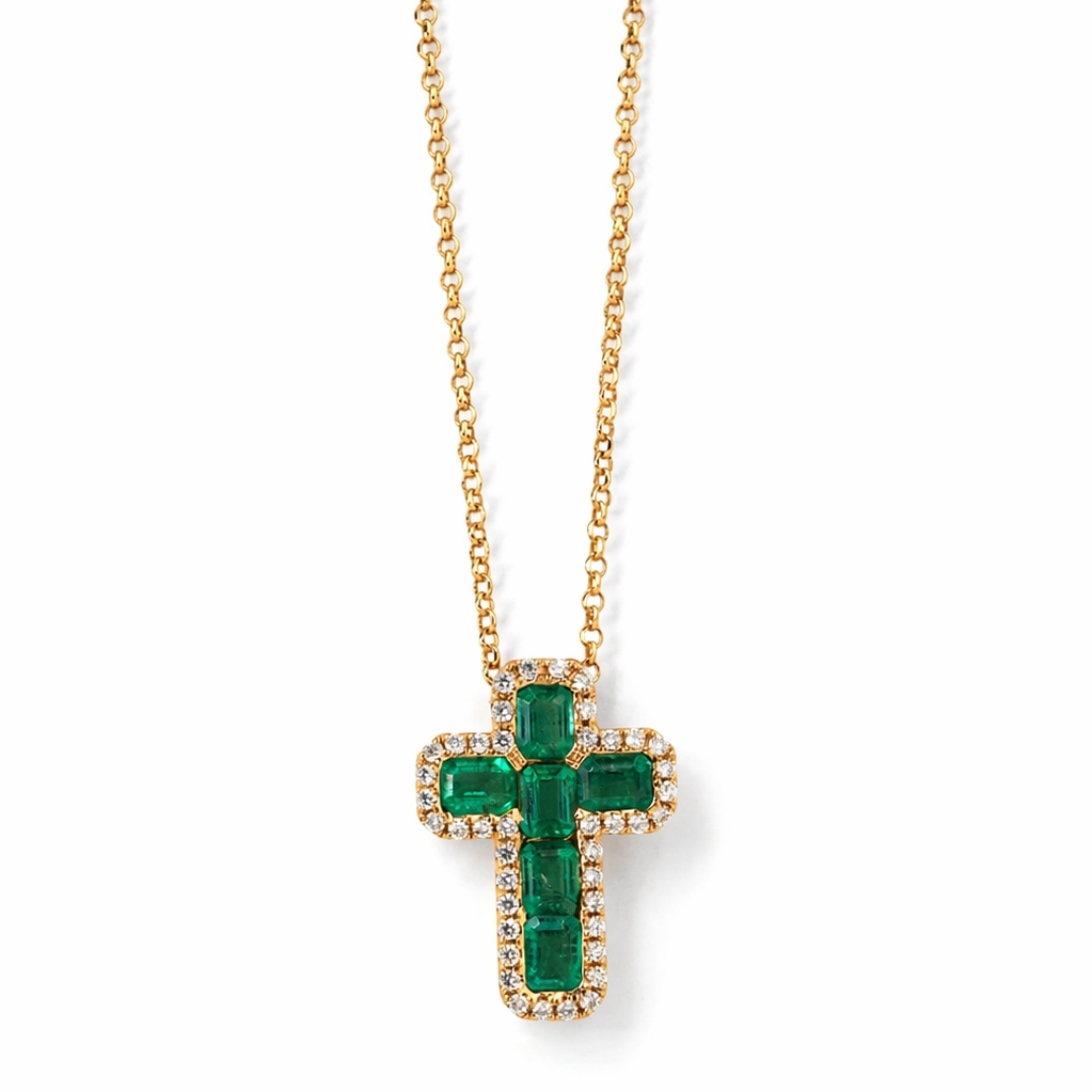 Emerald & Diamond Cross Necklace in 14K Yellow Gold