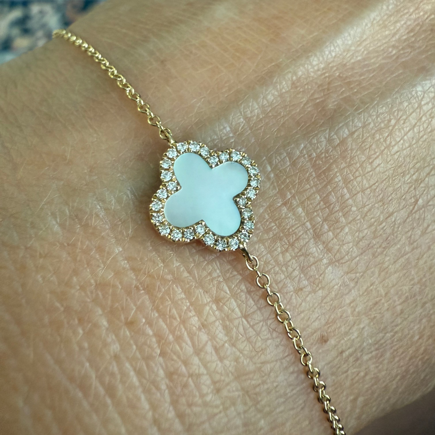 14K Gold Clover Bracelet with Mother of Pearl & Diamonds