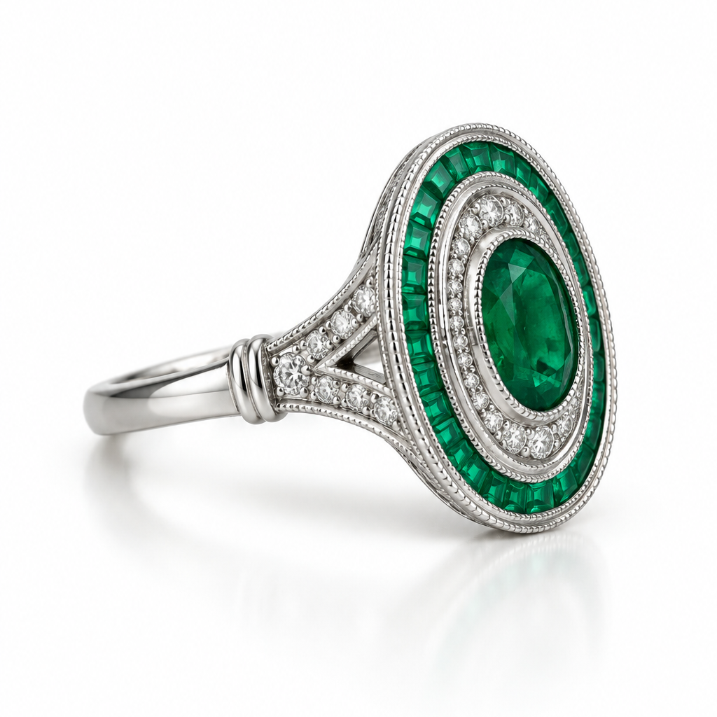 An oval emerald ring in a white gold setting, featuring a central emerald surrounded by a double halo of small diamonds and a border of round emeralds, shown on a white background with a soft reflection.