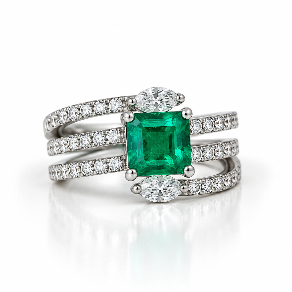 Emerald & Diamond Multi-Row Ring 18K