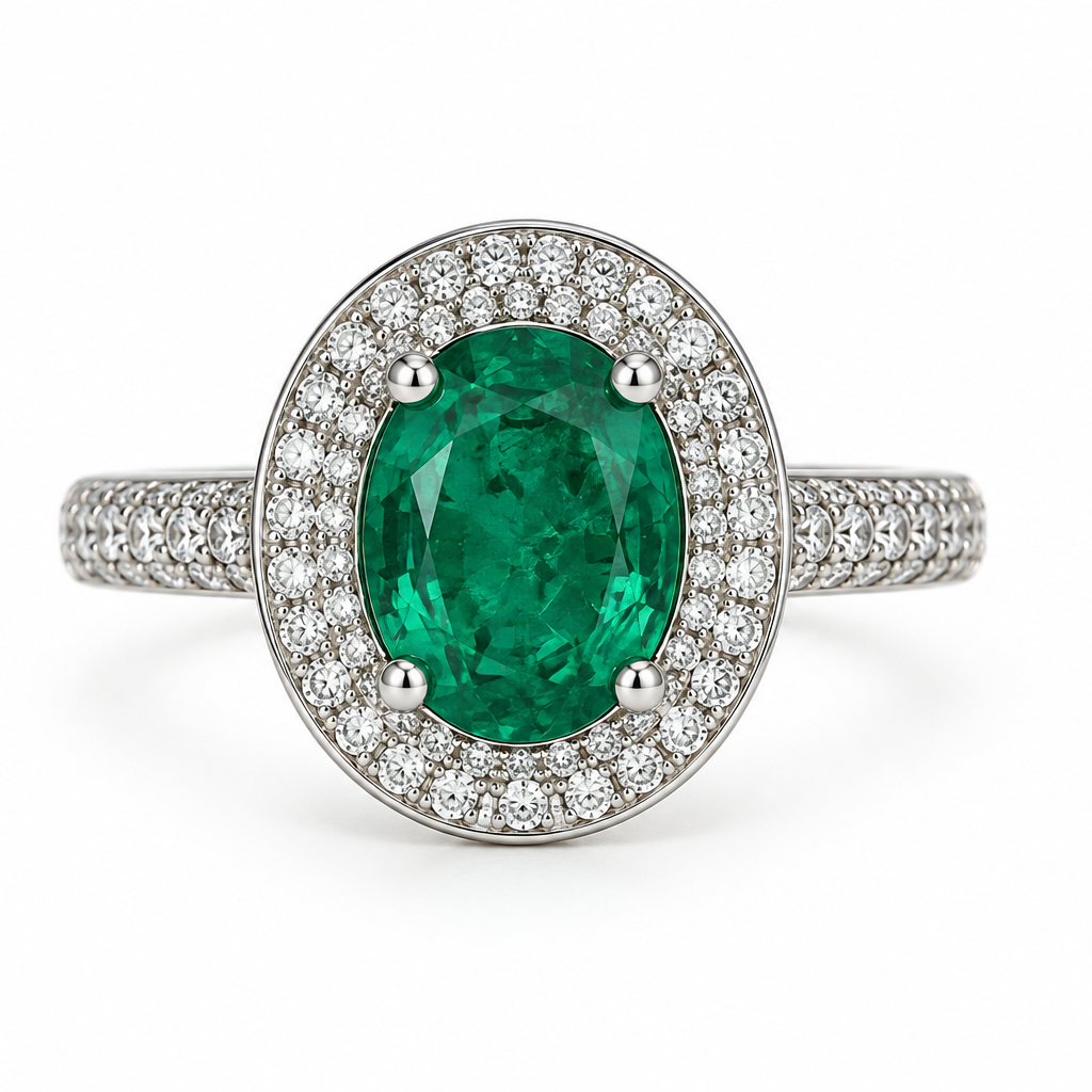 An oval emerald ring with a halo of small white diamonds, set on a silver-colored band with pavé diamonds, shown on a white background.