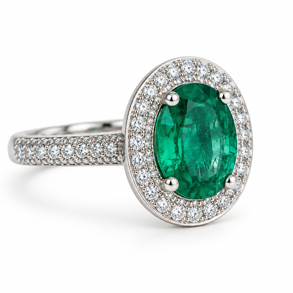 An oval emerald ring with a halo of small clear stones and a silver-toned band, shown on a clean white background.