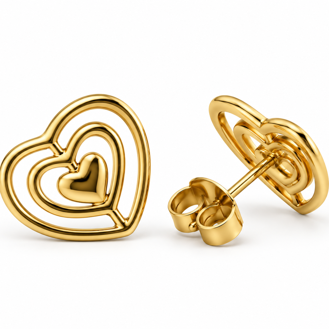 Yellow Gold Open Heart Stud Earrings