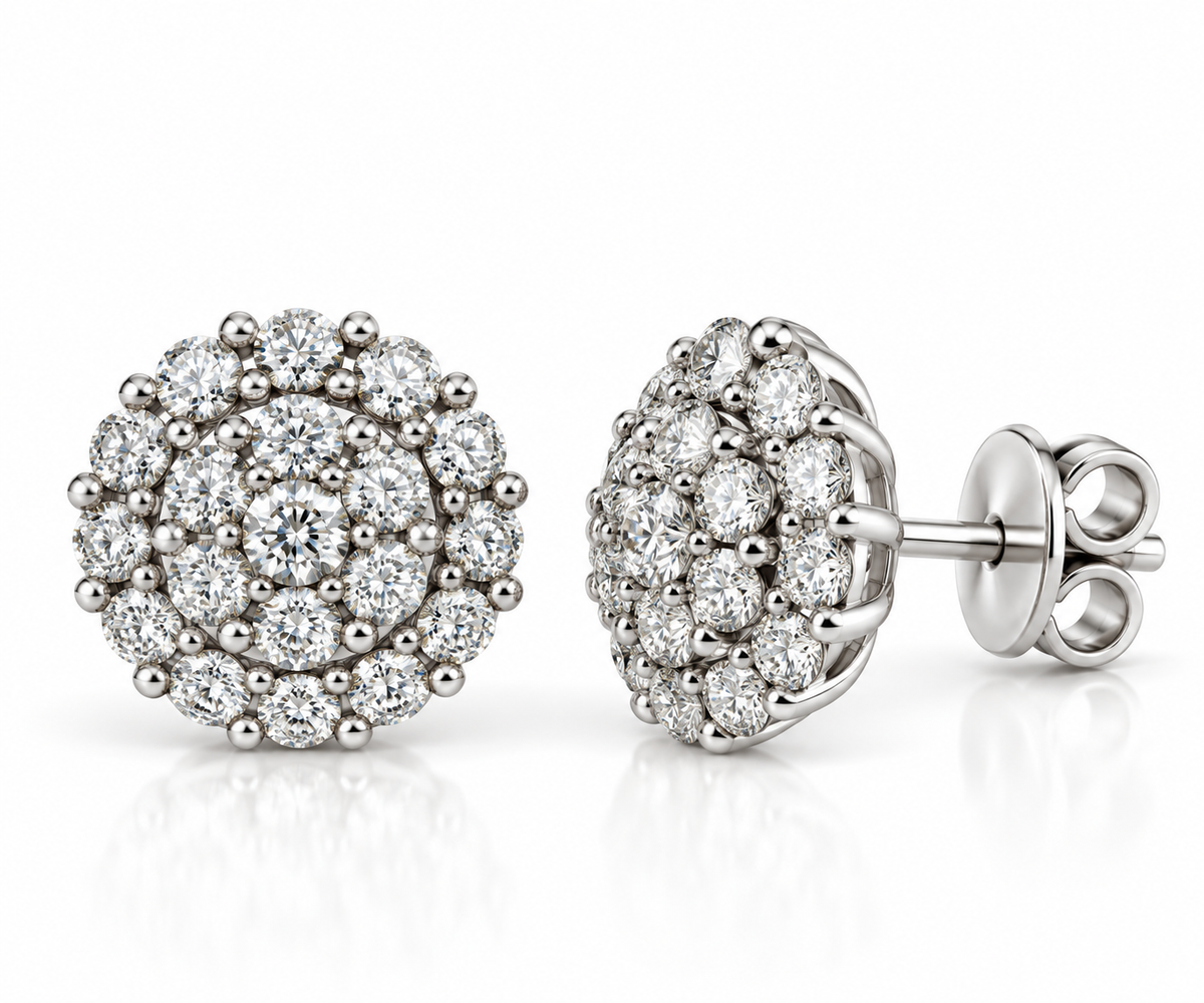 18K White Gold Diamond Cluster Stud Earrings