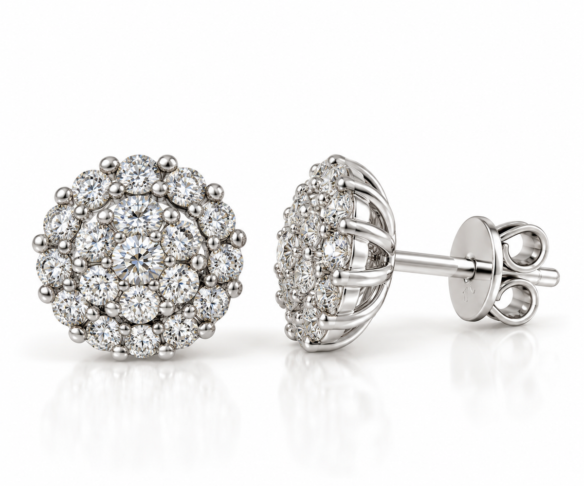 18K White Gold Diamond Cluster Stud Earrings