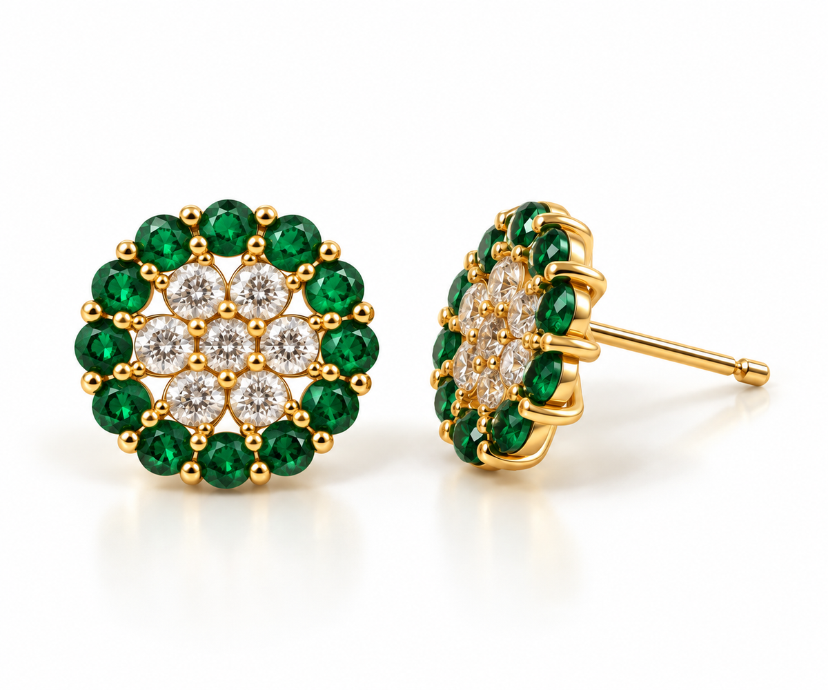 14K Yellow Gold Emerald & Diamond Cluster Earrings