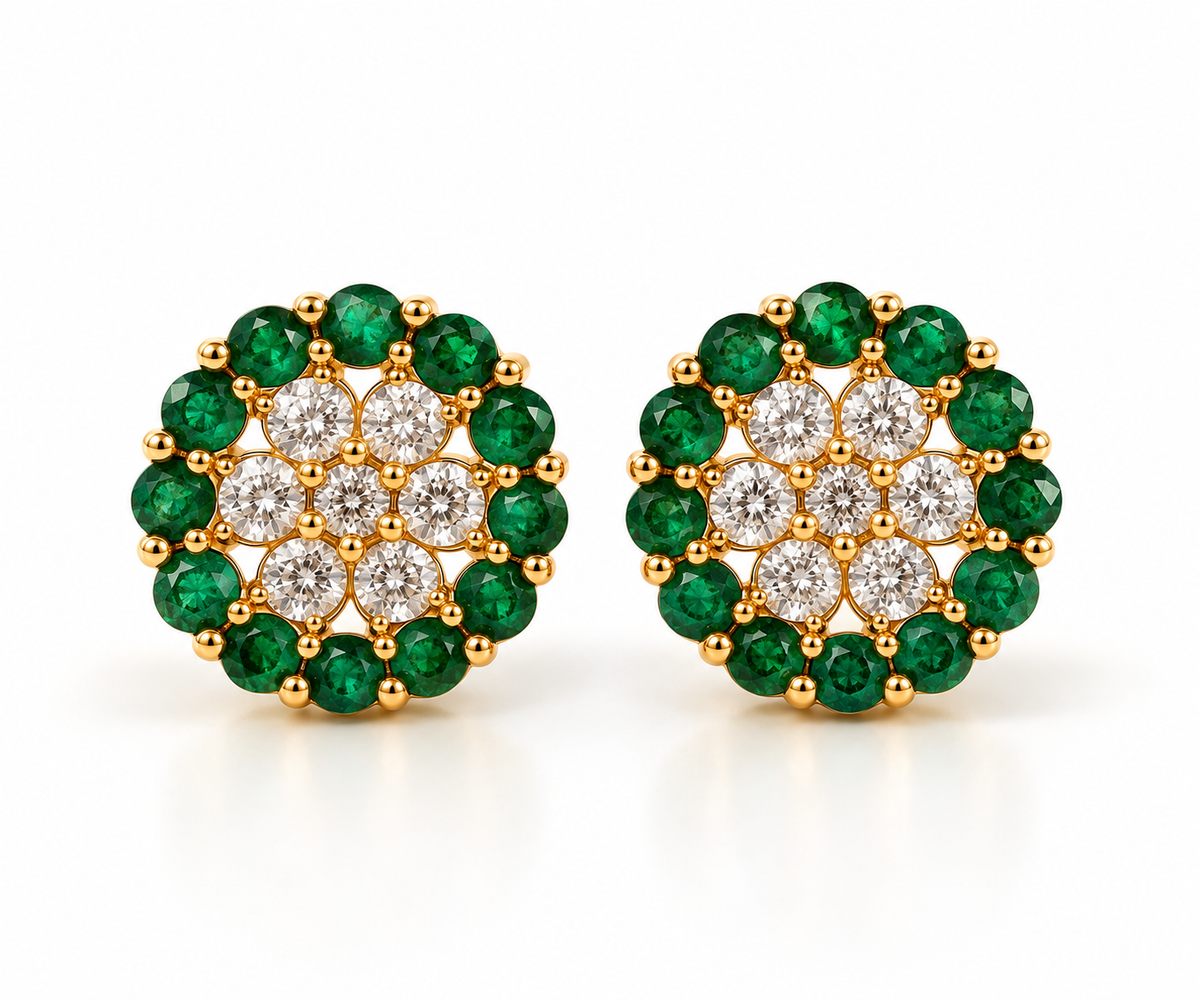 14K Yellow Gold Emerald & Diamond Cluster Earrings