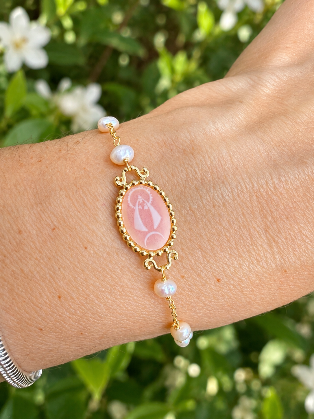 PINK Caridad del Cobre Virgencita Bracelet with Pearls & Agate