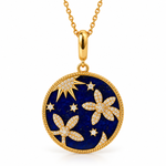 Round lapis lazuli celestial pendant necklace with diamond sun, stars and floral motifs, gold twisted border and 16-inch chain.