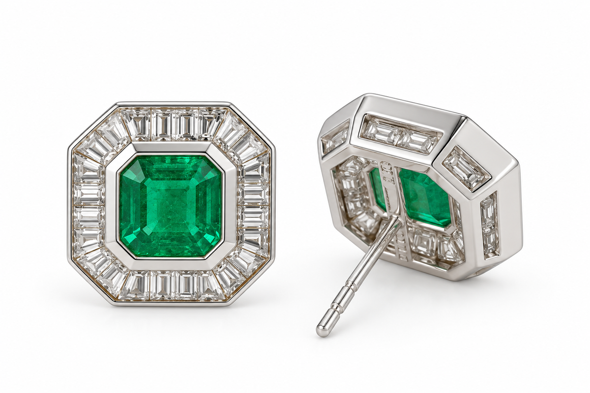 Art Deco Emerald & Diamond Stud Earrings