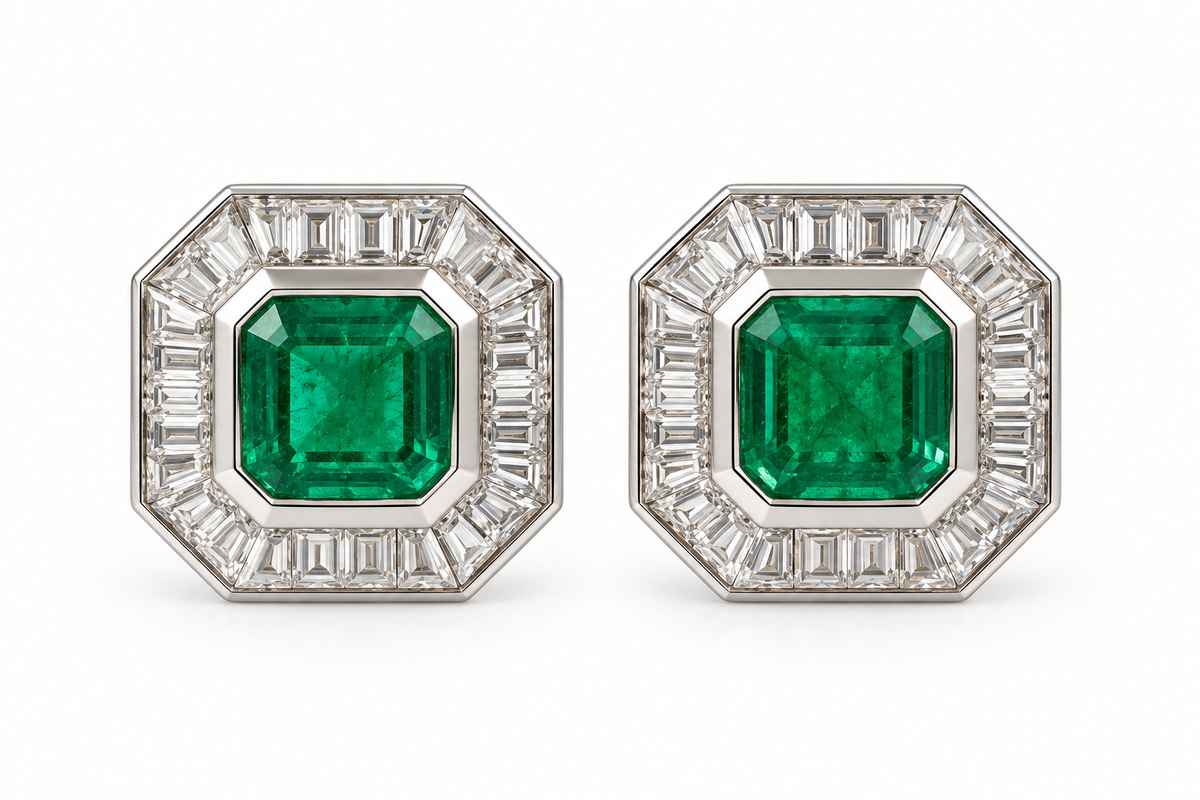 Art Deco Emerald & Diamond Stud Earrings