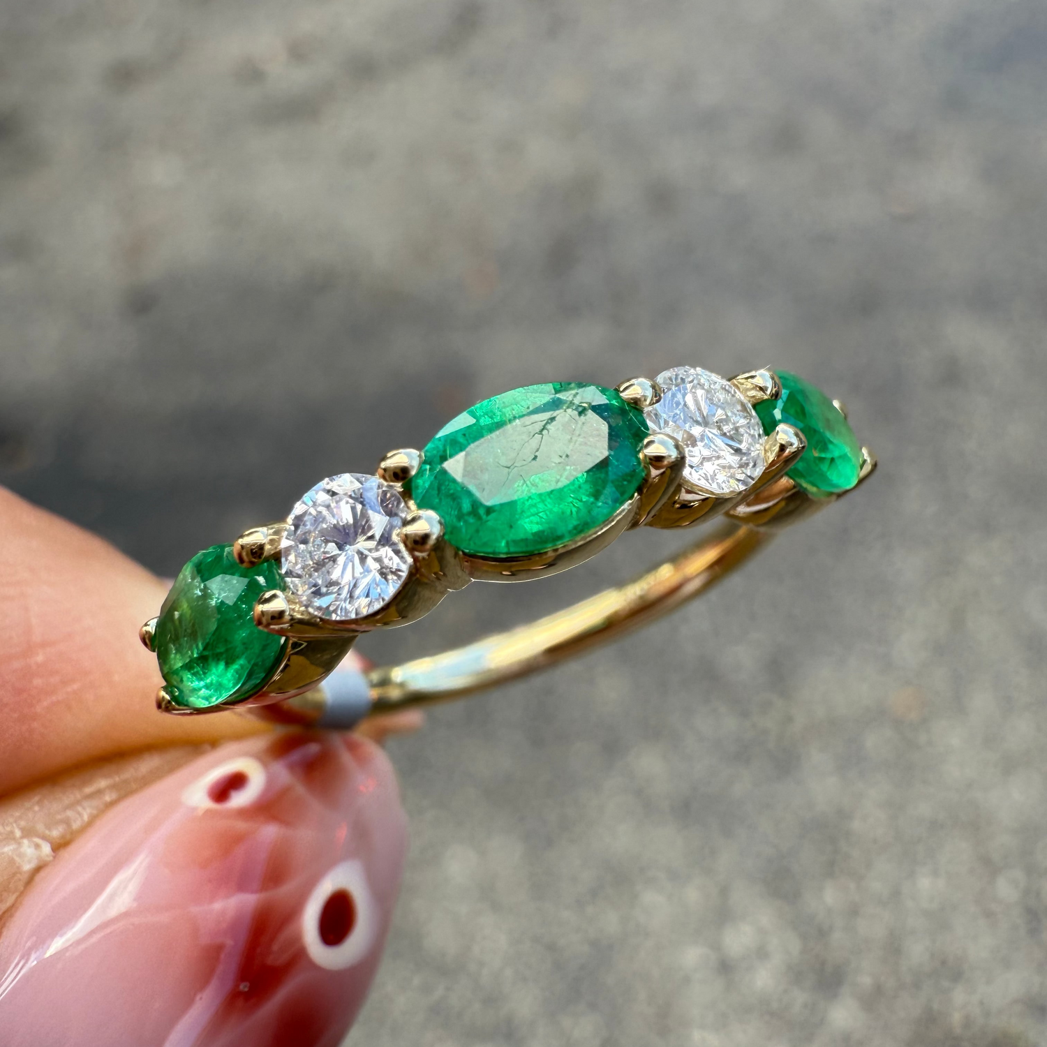 Emerald and diamond five-stone ring in 14K yellow gold, handcrafted in Miami by Santayana Jewelers