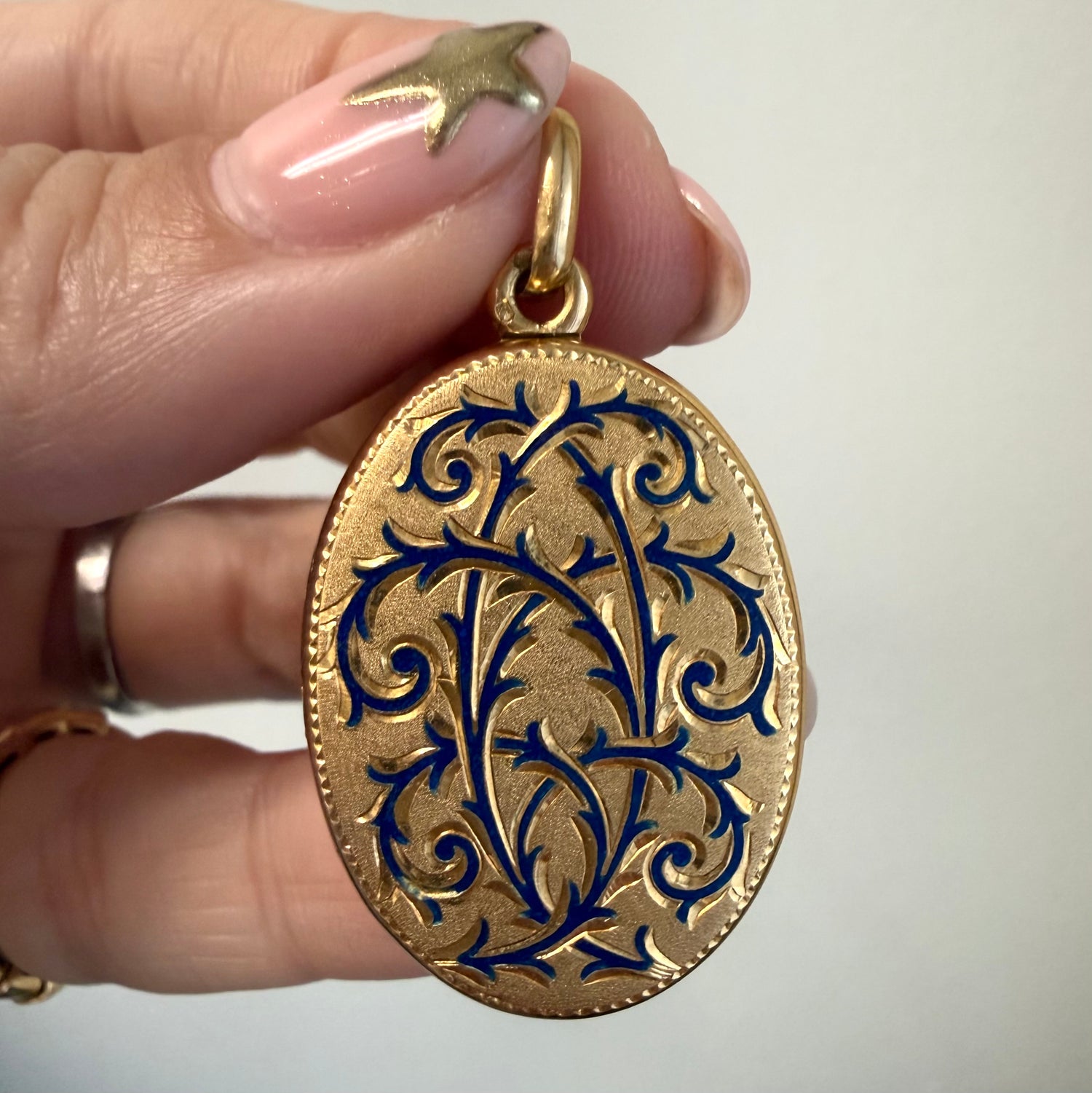 18K Gold Blue Enamel Scroll Locket Pendant