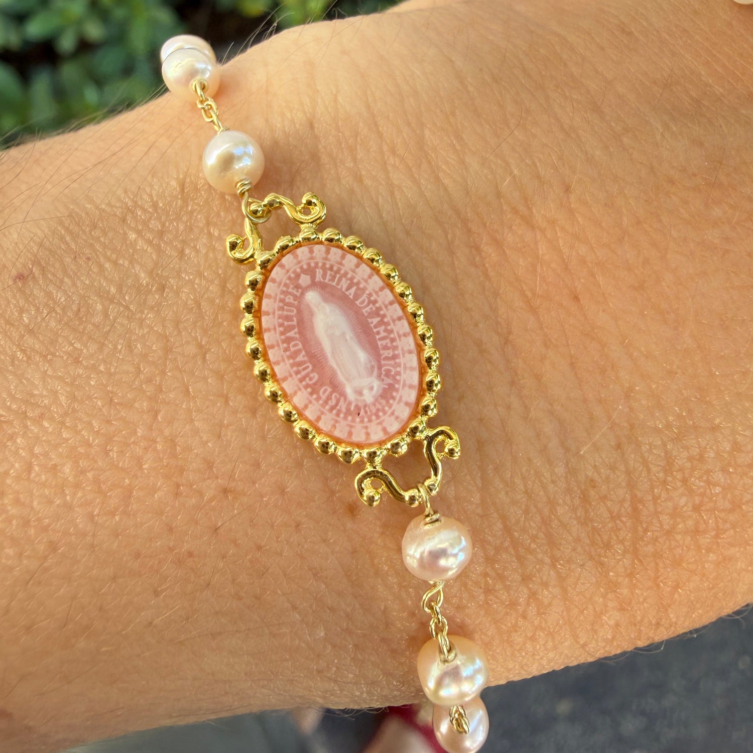 Virgencita Guadalupe Bracelet with Pearls & Rose Pink Agate