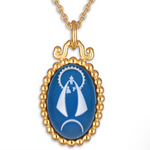A sterling silver with gold plating Caridad del Cobre pendant necklace featuring a blue agate image of the patron saint of Cuba, on a gold-plated chain.