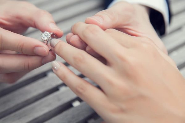 Image of man proposing to his fiance with a diamond ring.