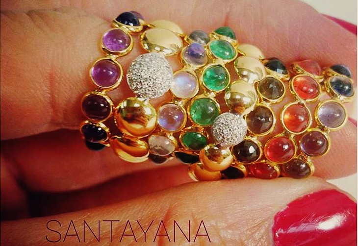 Yellow gold stack rings with semiprecious stones and diamonds - Santayana Jewelry
