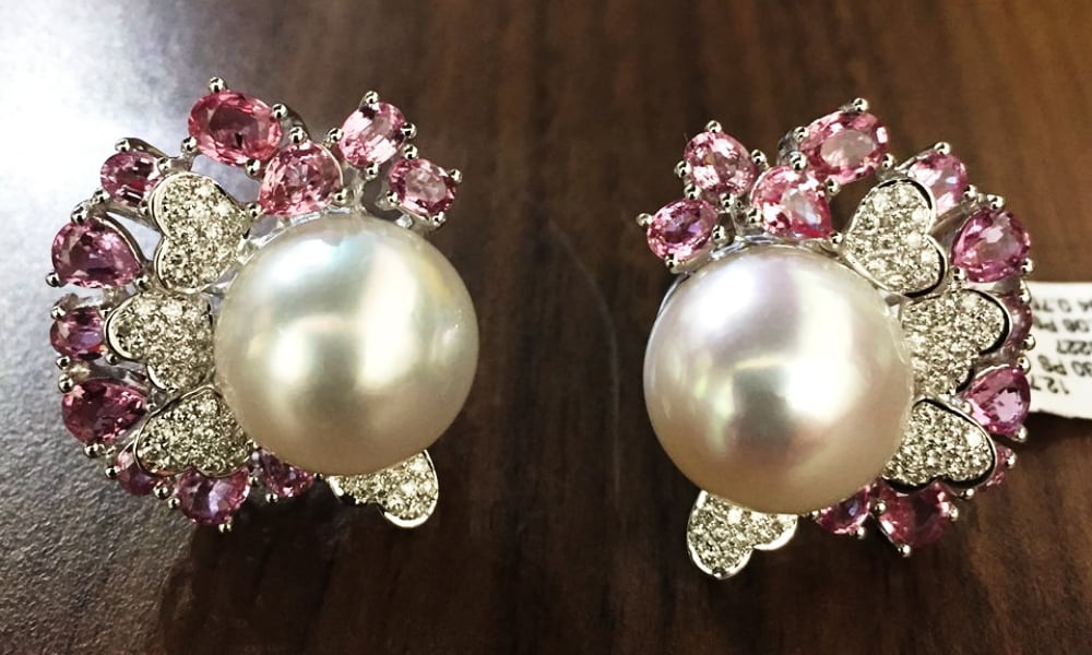 South sea pearl earrings pink sapphires and diamonds