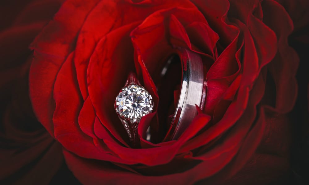 Wedding rings in red roses