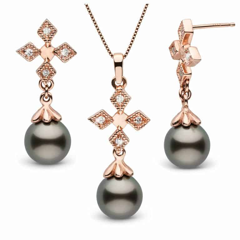 Black Tahitian Pearl and Diamond Cross Pendant and Earring Set